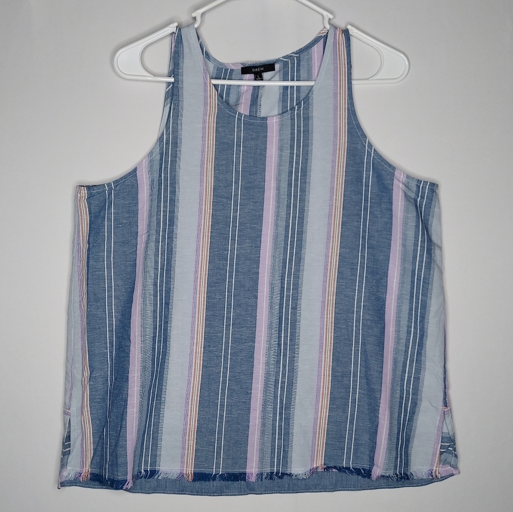 Drew Anthro Tank Women Large‎ Linen Blend Blue Multicolor Stripe Scoop Fringe